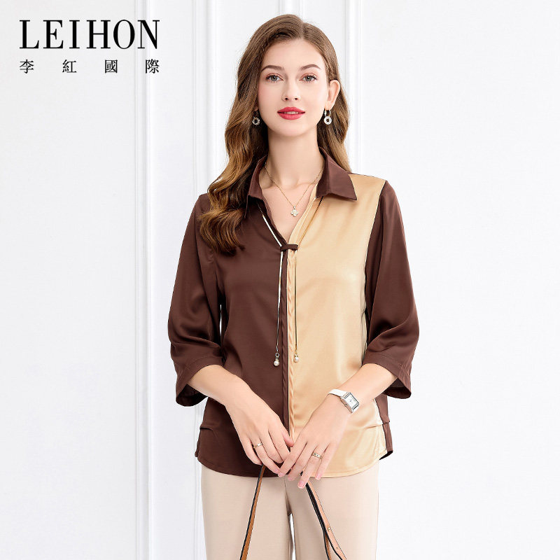 leihon/李红国际2024年夏季新款时尚拼色休闲七分袖女装套头衬衫