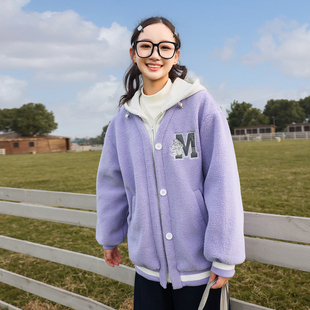 初中生仿羊羔毛外套秋冬款2025新款少女宽松连帽紫色加厚高中学生