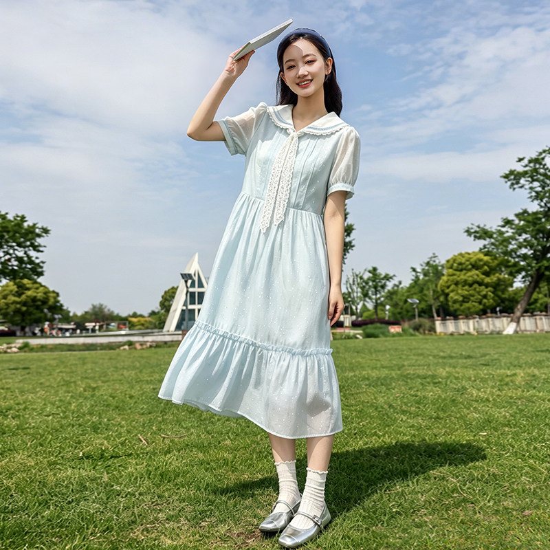 初中生连衣裙夏装2026新款少女蕾丝海军领中长款高中学生仙女裙子