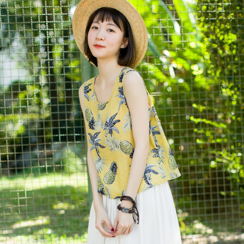 文艺印花背心女夏外穿 2019新款宽松复古打底衫短款无袖吊带上衣