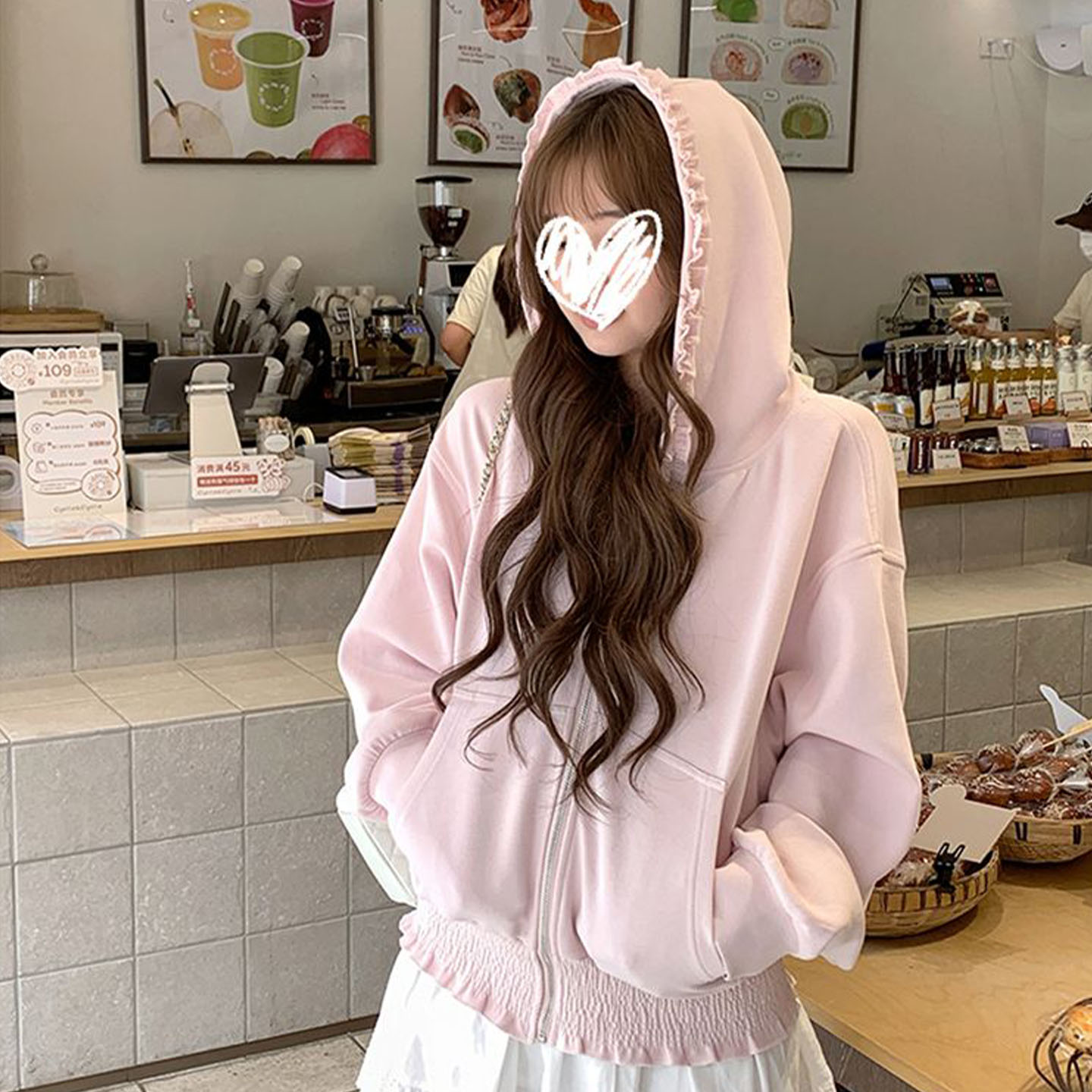 韩系拉链小众木耳边连帽卫衣外套