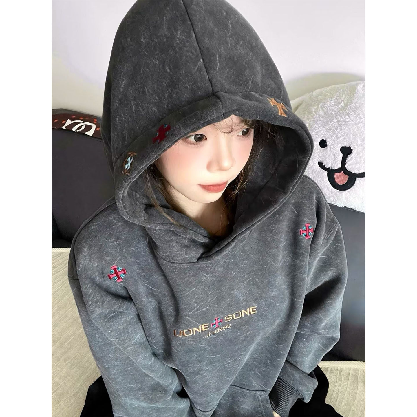 美式复古连帽卫衣女款小个子冬加绒加厚保暖宽松bf风高街外套上衣