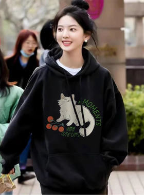 2025新款黑色连帽卫衣女秋冬加绒加厚宽松慵懒风oversize外套上衣