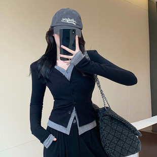 2025新款秋冬季假两件长袖T恤女甜辣妹收腰显瘦针织衬衫拼接上衣