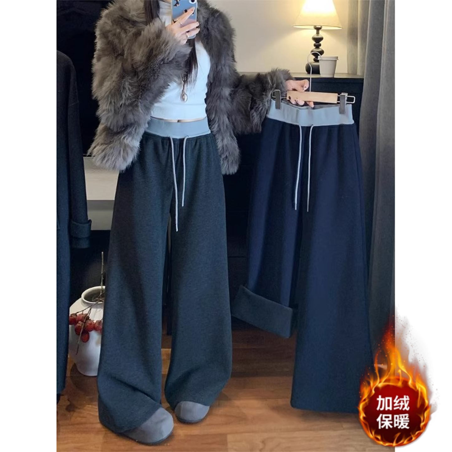 美式复古高腰阔腿卫裤女秋冬宽松加绒长裤百搭拖地休闲保暖直筒裤,女装/女士精品,卫裤,淘宝优惠券,粉丝福利购,淘宝优惠卷