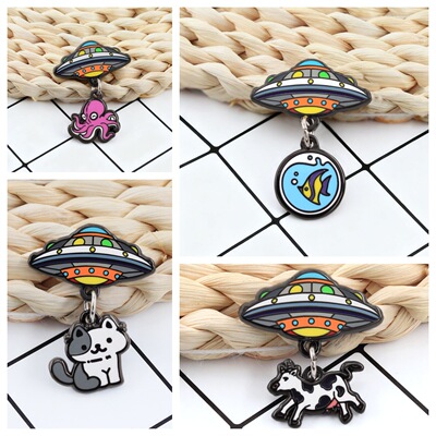 UFO Animal Enamel Pins Cartoon Alien Flying Saucer Brooches