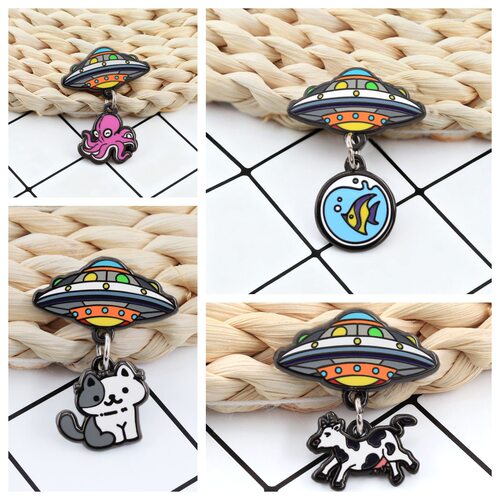 UFO Animal Enamel Pins Cartoon Alien Flying Saucer Brooches