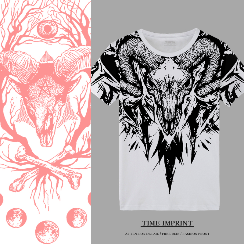 嘻哈纹身羊头图案t恤短袖冰丝体恤衫薄款打底衫个性圆领衣服潮流