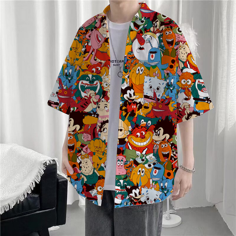 新款卡通印花衬衫短袖翻领宽松台港风沙滩情侣衣服定制海岛潮流装