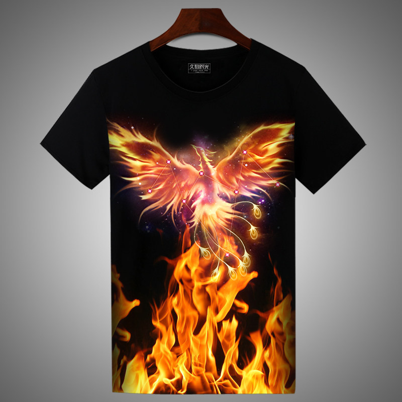 凤凰涅槃T恤短袖男女春夏半截袖薄款大码ins黑色印花中国风文化衫