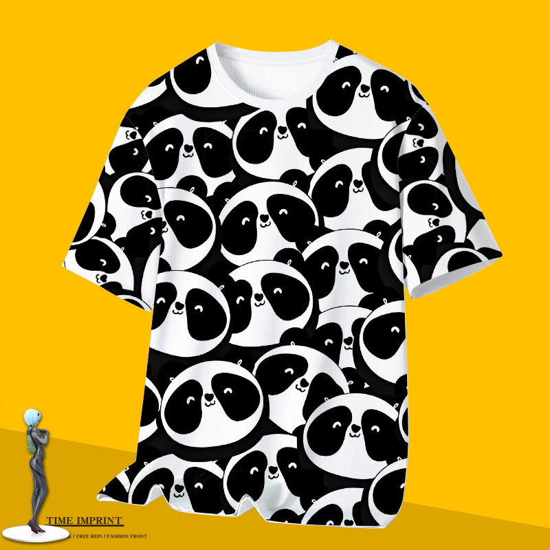 熊猫T恤冰丝定制卡通短袖女男士青少年宽松速干大码上衣服潮流装