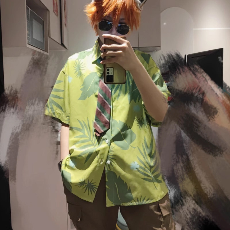 狐狸尼克同款短袖衬衫长袖尖领