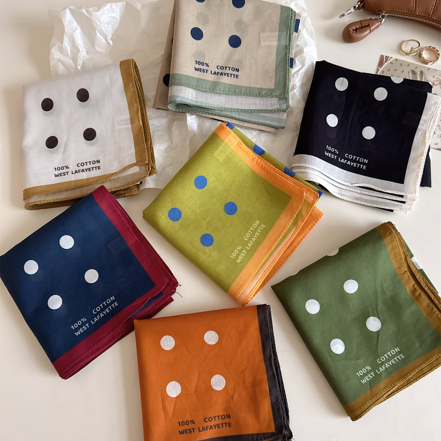 纯棉100%棉波点小方巾女百搭丝巾韩版减龄护颈围巾多色系脖丝巾