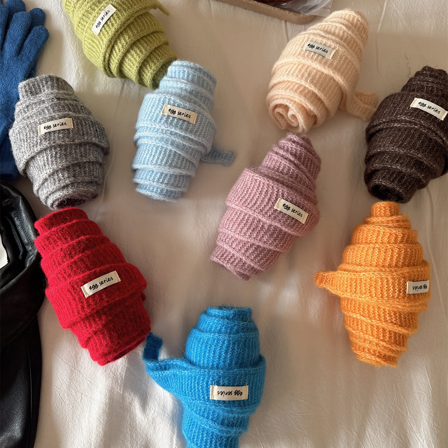 韩系针织毛线蓝色围巾女秋冬季穿搭复古飘带保暖细窄长条百搭围脖