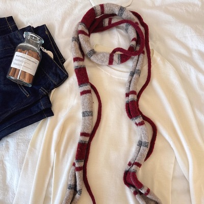 韩版小众叠戴日系复古条纹细围巾原宿风拼色长条针织辣条装饰围脖