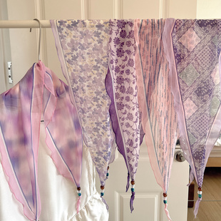 春季新款菱形丝巾挂珠珠黄色系丝巾轻薄头巾温柔绑腰包头用领巾