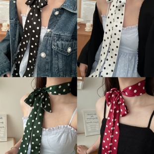 2025长条复古黑白波点丝巾女春季ins风圆点点发带细长领巾飘带