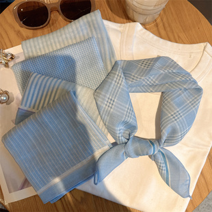 蓝色条纹格子小方巾丝巾女领巾围巾装饰包头氛围感百搭棉麻感发带