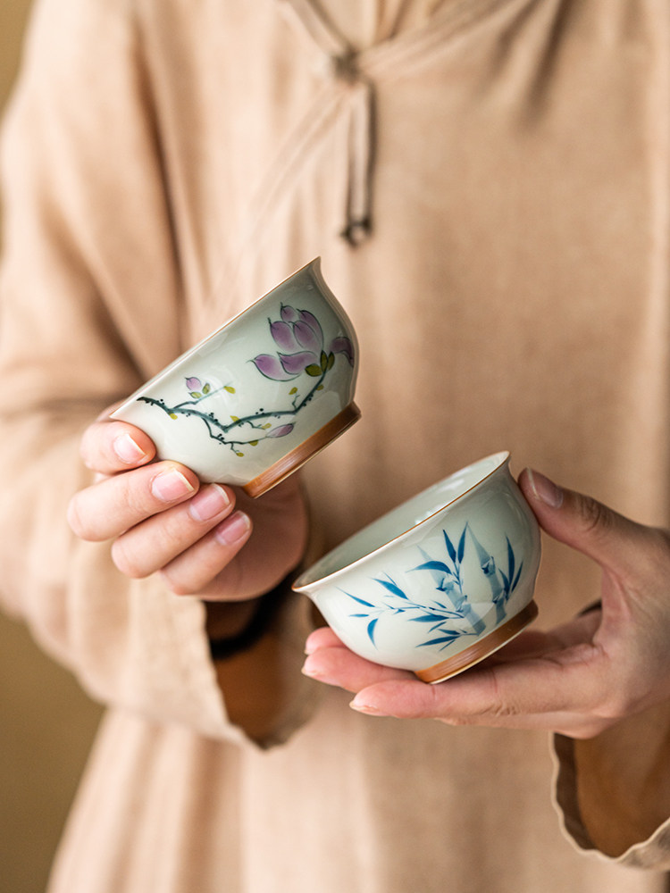 草木灰纯手绘竹子收腰杯品茗杯功夫茶具喝茶主人单个杯茶杯