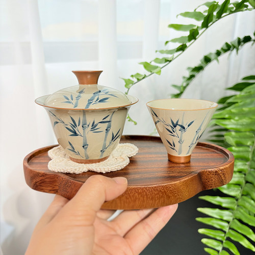 手绘草木灰釉下彩一人饮小套装盖碗茶杯茶盘