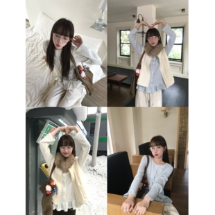 蓝 白波点针织叠穿内搭长袖 上衣 岛屿日记 打底衫