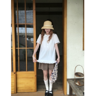 岛屿日记 娃娃领水洗棉压褶少女感长款白色衬衫