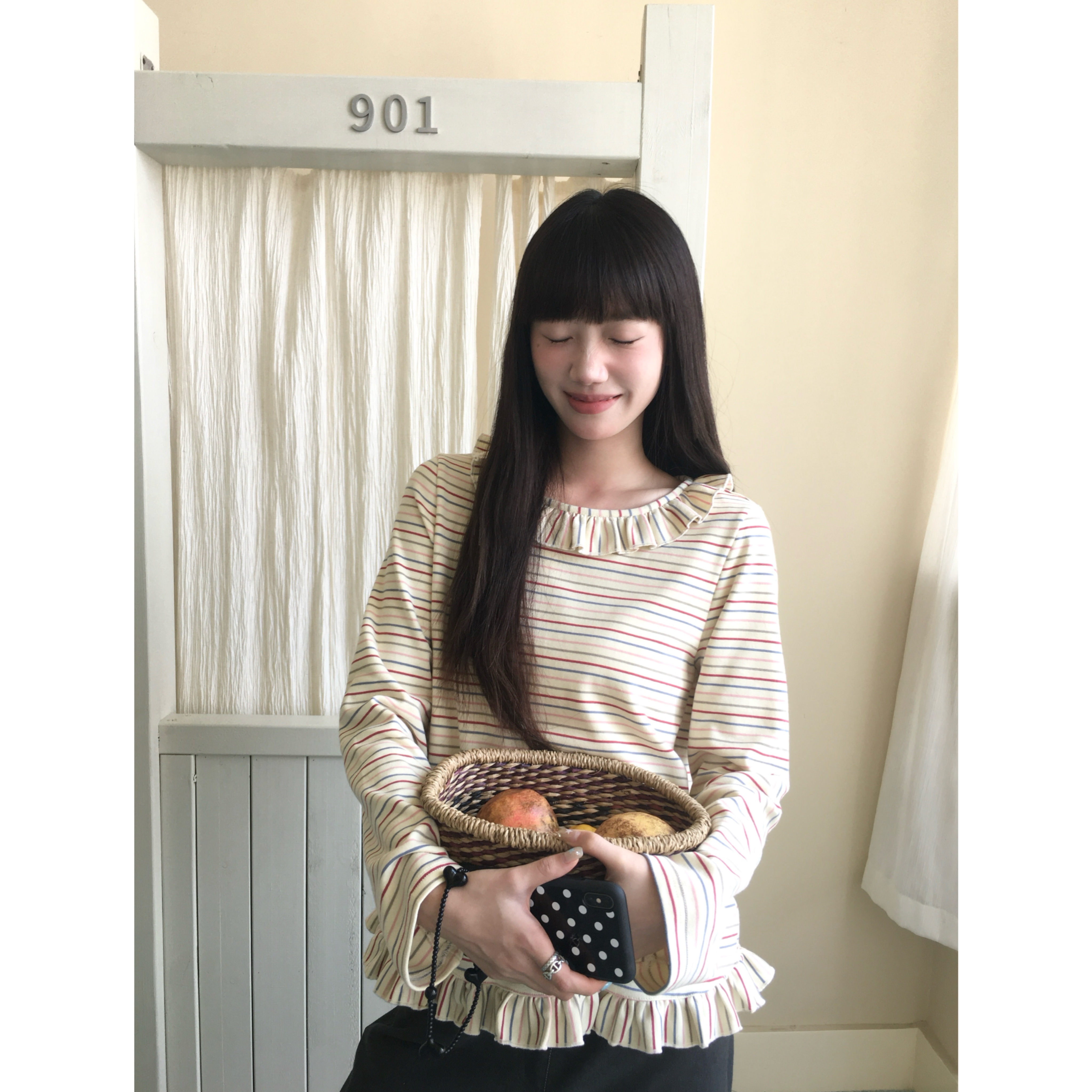 岛屿日记 日系花边荷叶领少女感彩色条纹显瘦长袖上衣