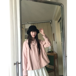 岛屿日记 2025AW黑色/粉色简约少女感花苞皮衣短款外套