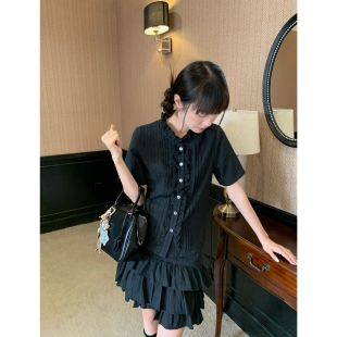 上衣 黑色俏皮甜美复古花边小衫 7新品 半身裙小个子 限时9.5折