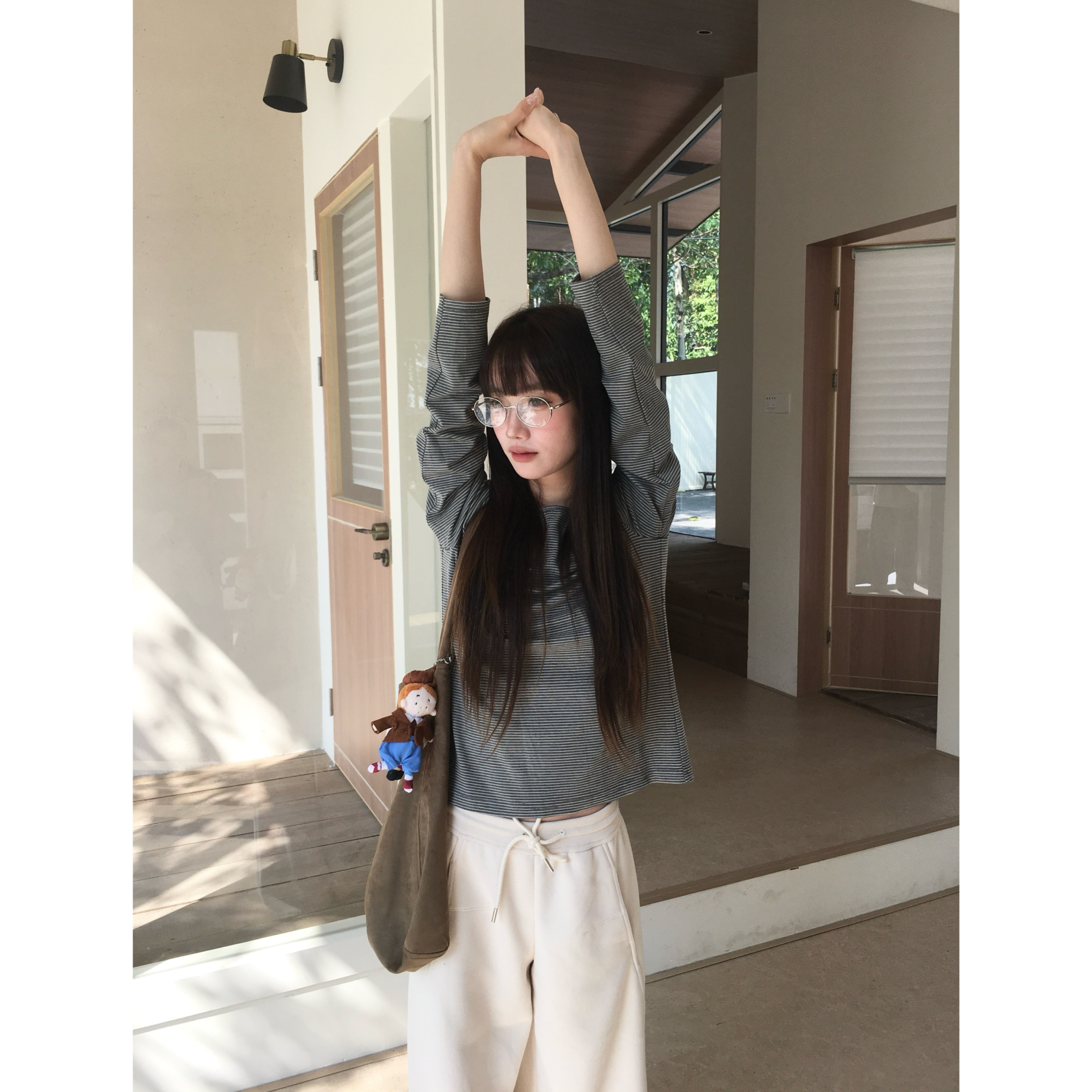 基础好穿的少女感细条纹长袖T恤