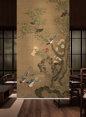 中式复古屏风软隔断装饰客厅茶室玄关布帘卷帘窗帘桂菊山禽图古画