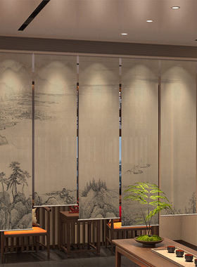 新中式宋代美学古画山水卷帘窗帘升降小户型茶室半透明屏风软隔断