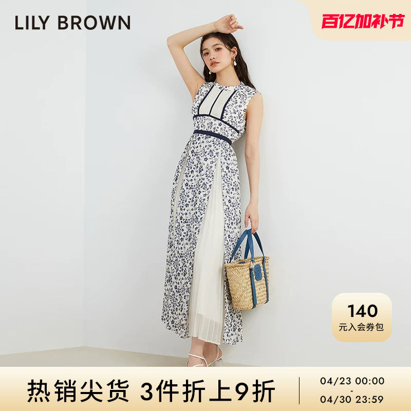 LILY BROWN春夏款新中式印花无袖百褶拼接连衣裙LWFO231027