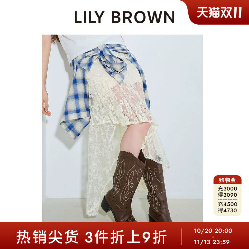 LILY BROWN秋冬款高腰不规则蕾丝刺绣开衩半身裙LWFS254030