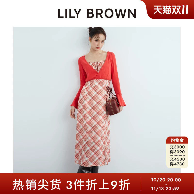 LILY BROWN秋冬款 甜美格纹开叉两件套连衣裙LWFO244133