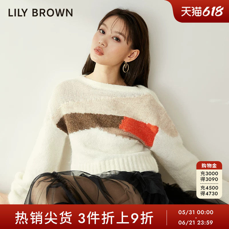 LILY BROWN秋冬款可爱复古几何拼色套头宽松毛衣LWNT234273