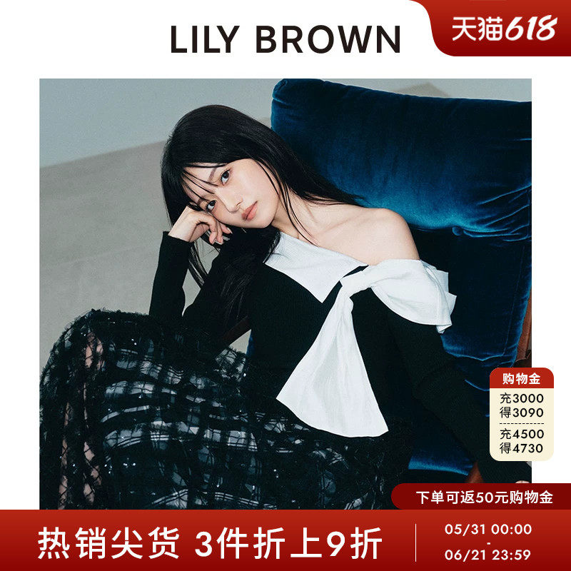 LILY BROWN秋冬款斜领露肩拼接蝴蝶结针织衫上衣LWNT255044