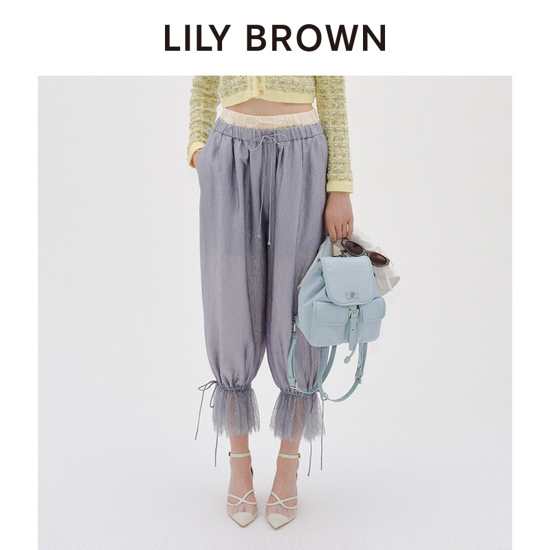 LILY BROWN2026春夏新品纯色松紧高腰蕾丝边九分休闲裤LWFP261195