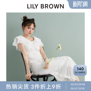 长款 甜美提花露腰V领荷叶袖 连衣裙LWCO242054 BROWN春夏款 LILY