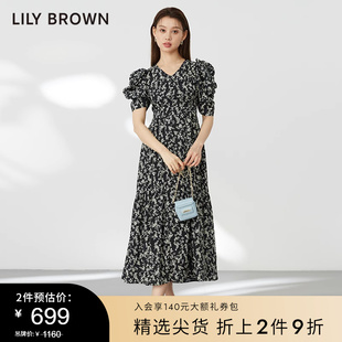 LILY 小碎花连衣裙LWFO234053 复古露背泡泡袖 BROWN秋冬款