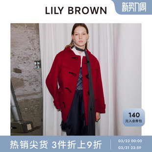 LILY 连帽学院风牛角扣毛呢大衣外套LWFC255042 BROWN秋冬款