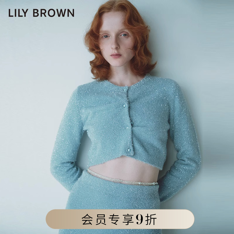 LILY BROWN2023秋冬新品 甜美细闪圆领针织开衫短上衣LWND234315