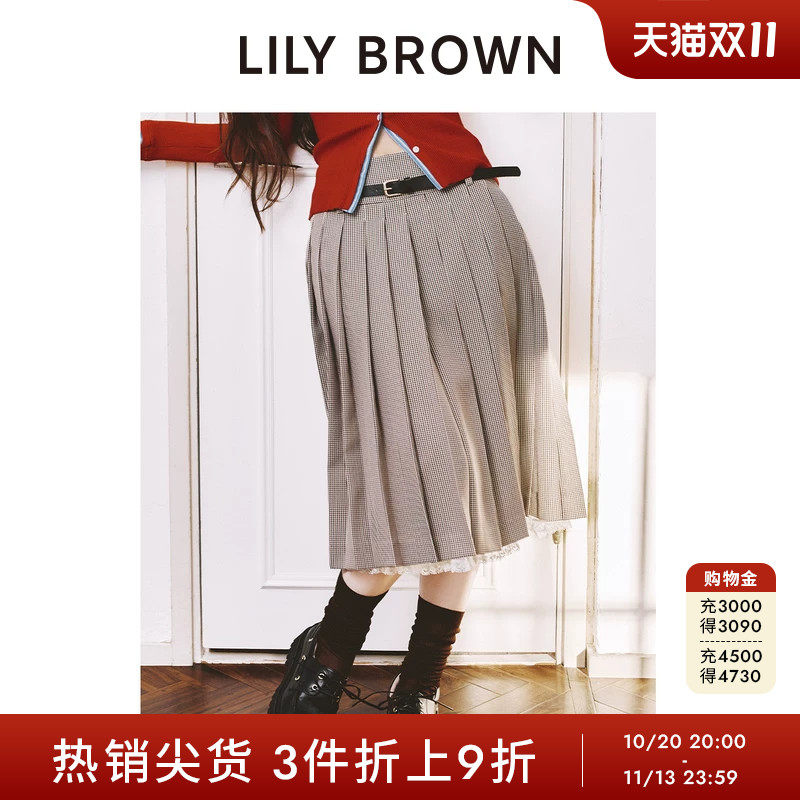 LILY BROWN2026春夏新品高腰腰带蕾丝拼接百褶半身裙LWFS261167