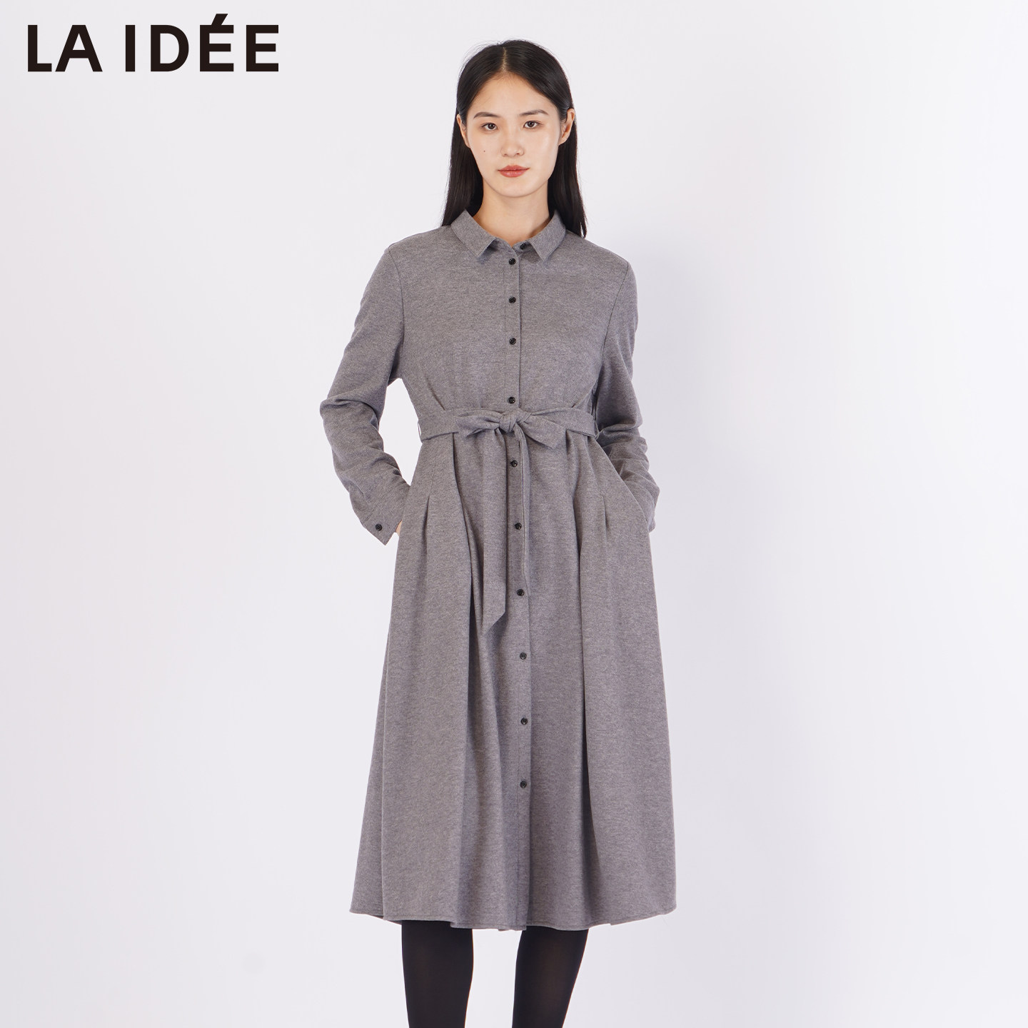 LAIDEE/罗兰伊杜衬衫连衣裙女长袖收腰系带中长款灰色职场百搭裙,女装/女士精品,连衣裙,淘宝优惠券,粉丝福利购,淘宝优惠卷