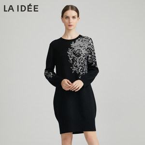 LAIDEE/罗兰伊杜毛呢裙小众气质撞色提花连衣裙雪花装饰毛衣裙女