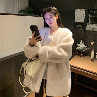 高级水貂绒长袖 皮毛一体外套女加厚圆领长袖 毛毛大衣 新款 2025冬季