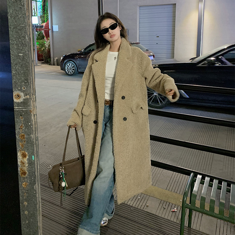 2025冬季新款皮毛一体仿羊羔毛大衣女长款加厚西装皮草毛毛外套