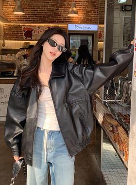 黑色美式复古pu皮外套女春秋新款高级感气质宽松机车皮夹克皮衣