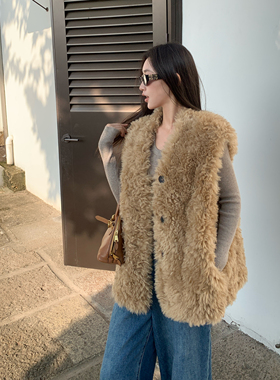 2025新款仿羊羔毛环保皮草女欧尼马甲中长款皮毛一体双领毛毛外套