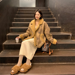 加厚皮毛一体羊羔毛外套女上衣秋冬机车服宽松皮衣慵懒 KEKE家冬季